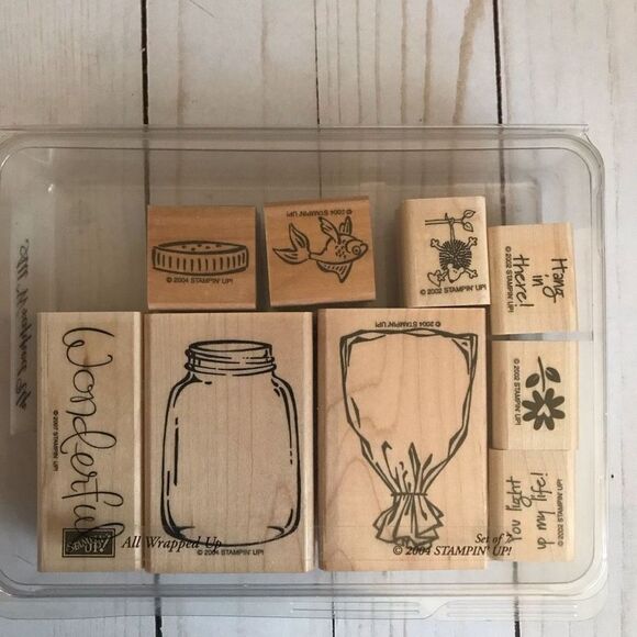 Stampin up! All wrapped up jar partial set wood mounted rubber stamps set of 9 - Picture 1 of 3